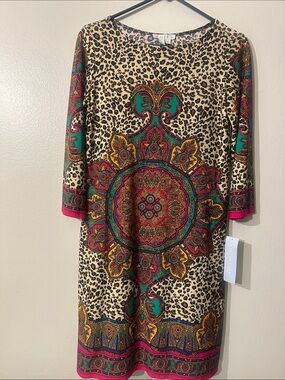 BWT London Times Shift Dress Women's 6 Cheetah & Mandala Pattern 3/4 Sleeve